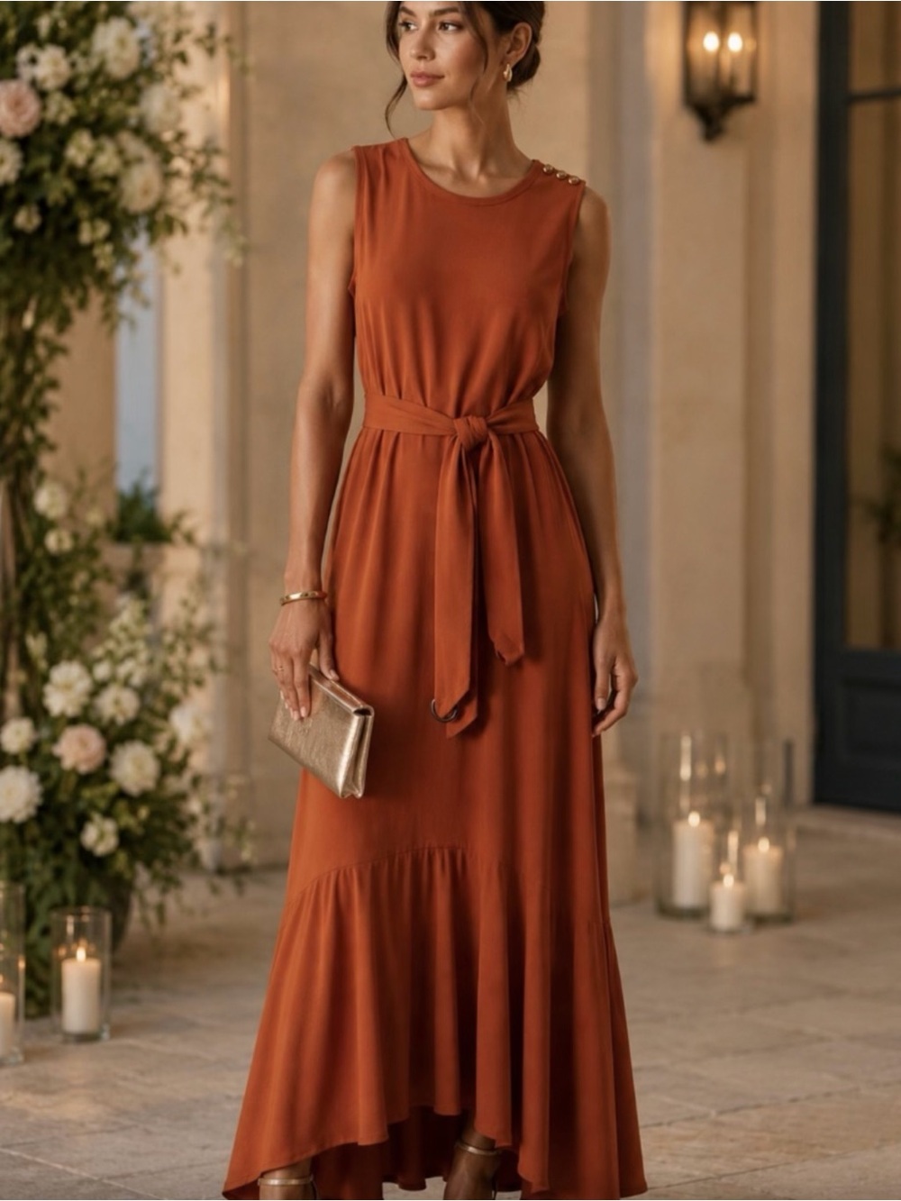Sz 12⭐️NWT Karl Lagerfeld Rust Sleeveless Asymmetrical Maxi Dress